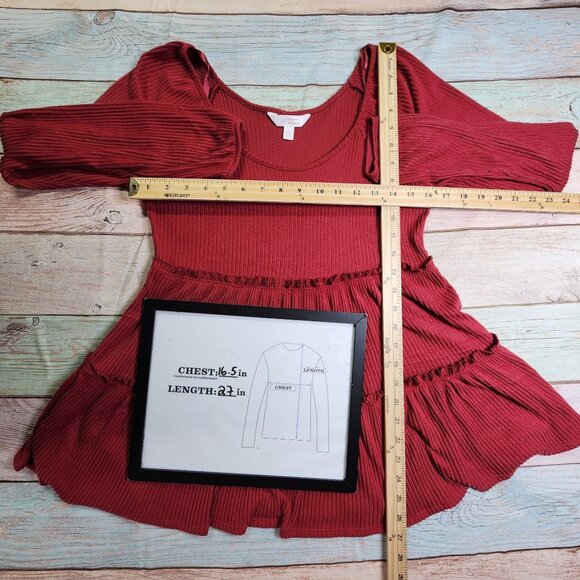 Lauren Conrad Womens Size XS Burgundy Long Sleeve Tiered Peplum Top Very Soft - Picture 7 of 7